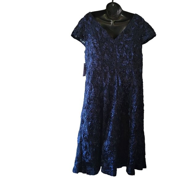 Alex Evenings Womens Navy Blue Lace Sequin Floral Midi Dress Size 14W - Picture 2 of 15